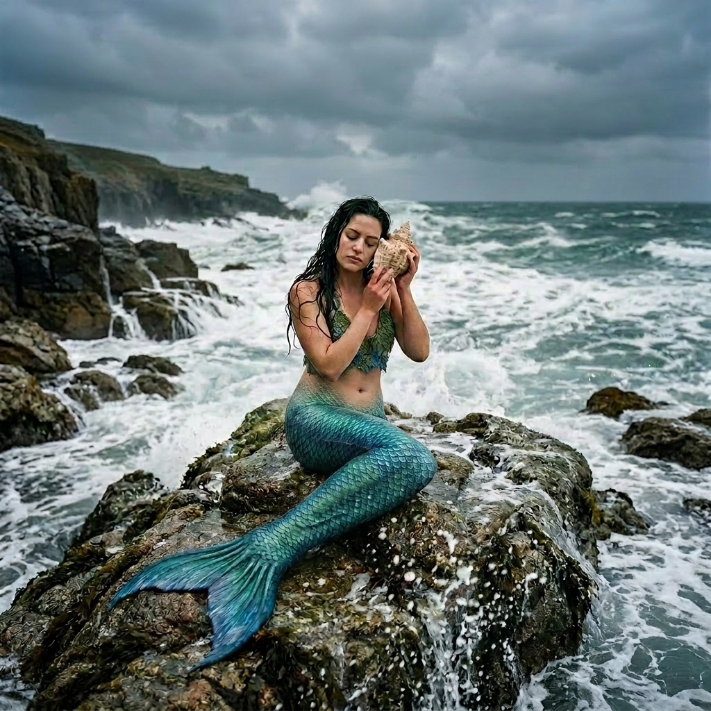 Mermaid sitting on a rock near ocean waves holding a seashell to her ear