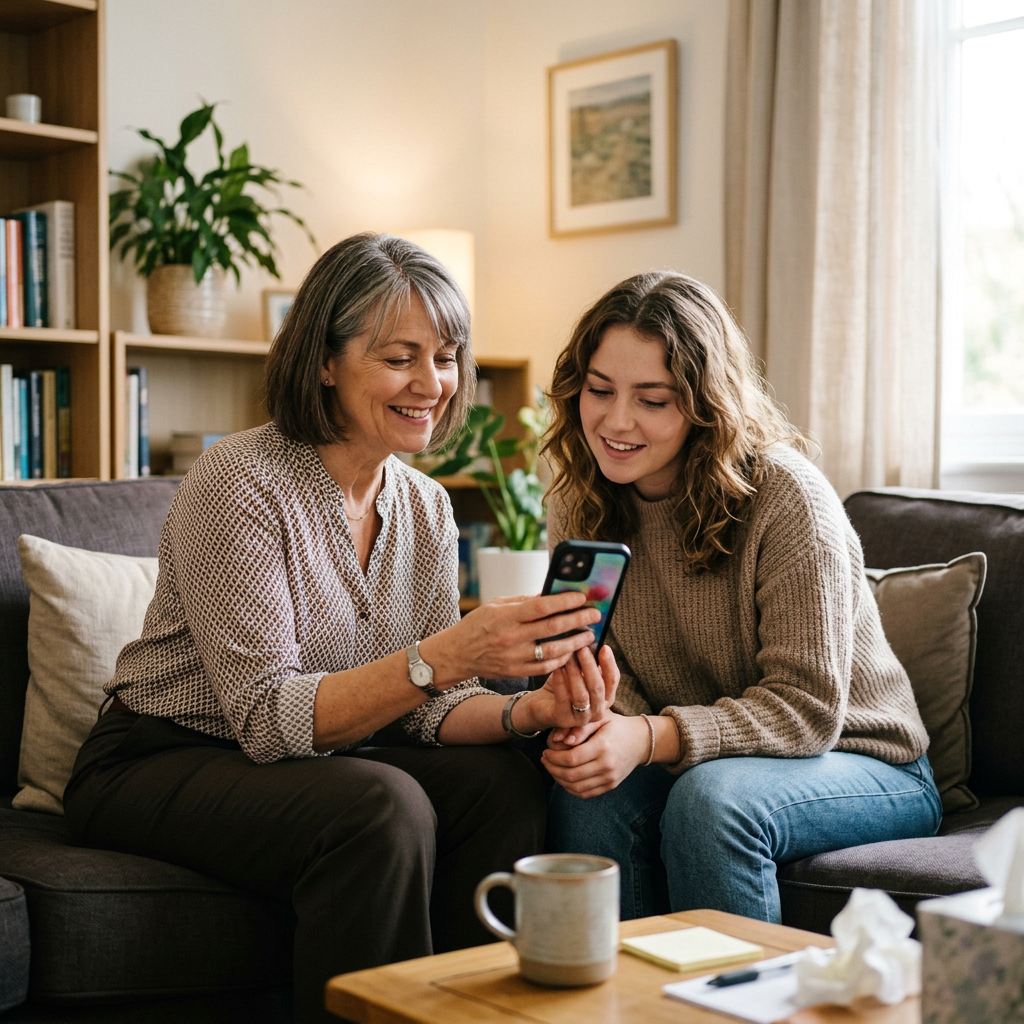 Therapist and patient viewing phone in office