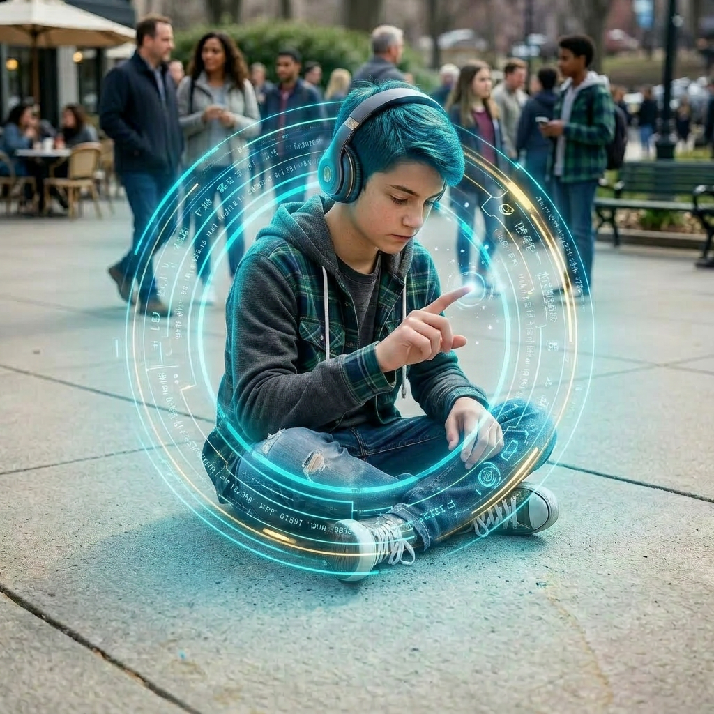 Teen drawing digital circle with his finger