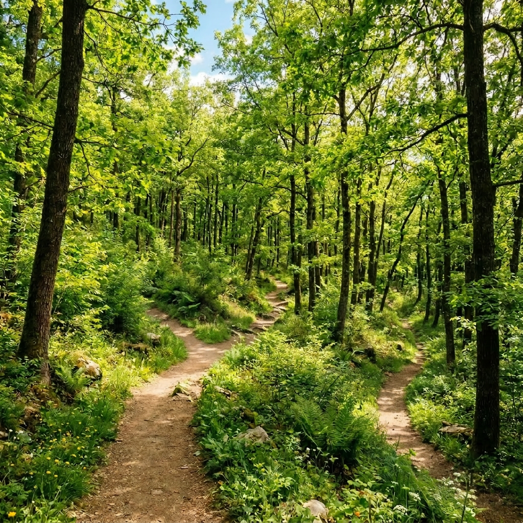 Hikers walking on dirt trails through a dense green forest